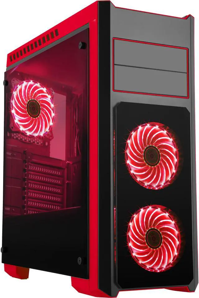 Main image of DIYPC DIY-TG8-BR Black/Red Dual USB3.0 Steel/ Tempered Glass ATX Mid Tower Gaming Computer Case w/Tempered Glass Panels (Front, Top and Both Sides) and Pre-Installed 3 x Red 33LED Light Fan