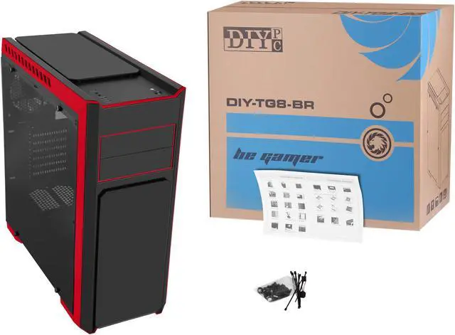 Alt view image 13 of 14 - DIYPC DIY-TG8-BR Black/Red Dual USB3.0 Steel/ Tempered Glass ATX Mid Tower Gaming Computer Case w/Tempered Glass Panels (Front, Top and Both Sides) and Pre-Installed 3 x Red 33LED Light Fan