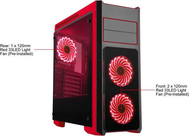Alt view image 2 of 14 - DIYPC DIY-TG8-BR Black/Red Dual USB3.0 Steel/ Tempered Glass ATX Mid Tower Gaming Computer Case w/Tempered Glass Panels (Front, Top and Both Sides) and Pre-Installed 3 x Red 33LED Light Fan