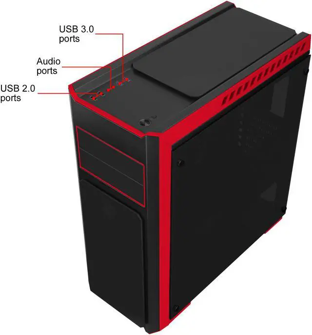 Alt view image 11 of 14 - DIYPC DIY-TG8-BR Black/Red Dual USB3.0 Steel/ Tempered Glass ATX Mid Tower Gaming Computer Case w/Tempered Glass Panels (Front, Top and Both Sides) and Pre-Installed 3 x Red 33LED Light Fan