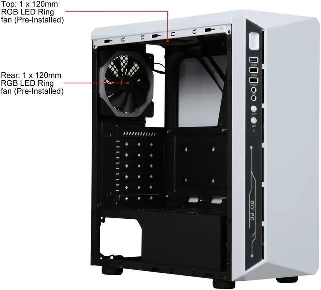 Alt view image 15 of 18 - DIYPC DIY-Model X-W-RGB White Steel / Tempered Glass ATX Mid Tower Computer Case with 2 x RGB LED Ring Fans (Pre-Installed)