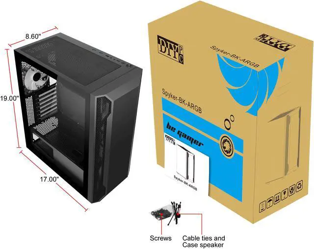 Alt view image 16 of 16 - DIYPC Spyker-BK-ARGB Black Steel / Tempered Glass ATX Mid Tower Computer Case with 1 x 120mm Halo ARGB LED Fan Pre-Installed