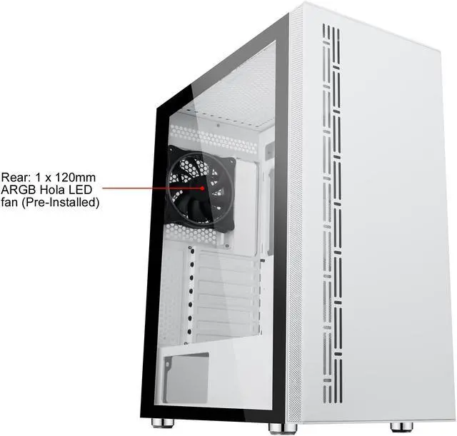 Alt view image 9 of 20 - DIYPC AVVUS-W-ARGB White Steel / Tempered Glass ATX Mid Tower Computer Case with 1 x 120mm Halo ARGB LED Fan Pre-Installed