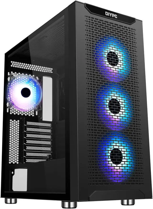 Main image of DIYPC IDX7-BK-ARGB Black Steel / Tempered Glass ATX Mid Tower Computer Case with 4 x 120mm Halo ARGB LED Fans Pre-Installed