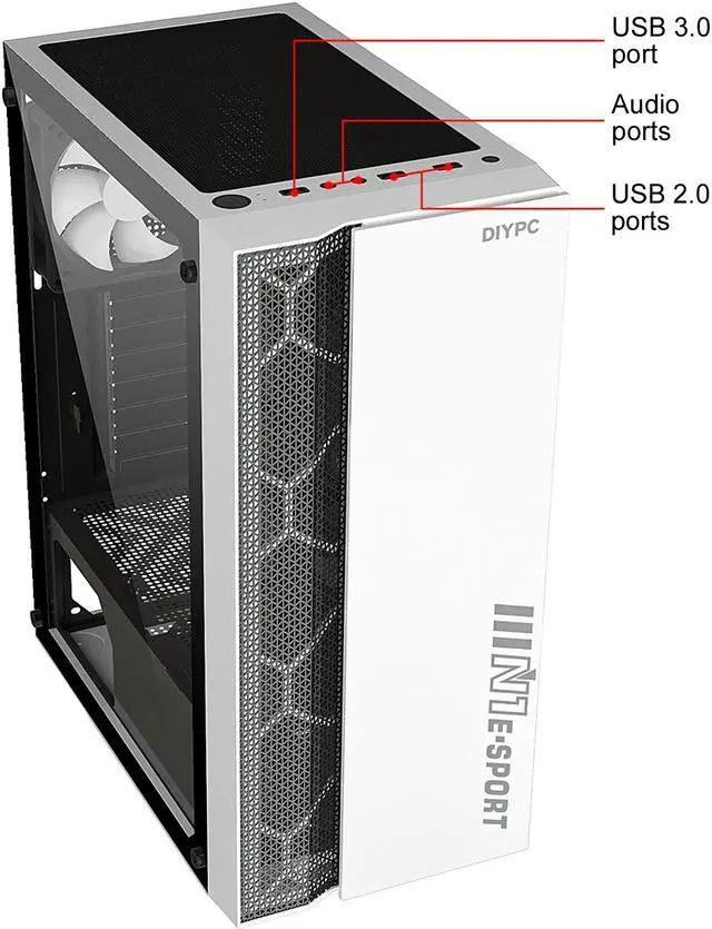 Alt view image 6 of 13 - DIYPC DIY-S08-W White USB 3.0 Steel / Tempered Glass ATX Mid Tower Computer Case, 1 x 120mm Fan x Rear (Pre-Installed)