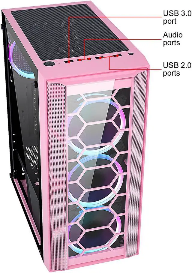 Alt view image 6 of 8 - DIYPC Rainbow-Flash-F4-P Pink USB 3.0 Steel / Tempered Glass ATX Mid Tower Computer Case, 4 x 120mm Autoflow Rainbow LED Fans (Pre-Installed)