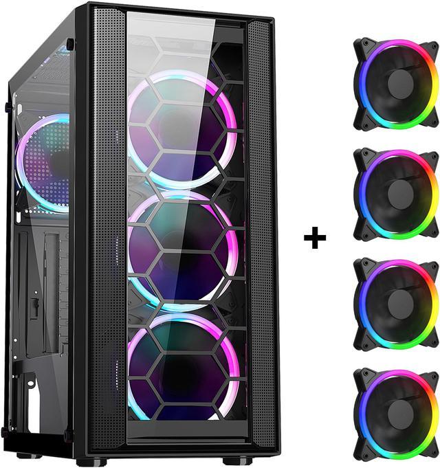 DIYPC Rainbow-Flash-F4-B Black Steel / Tempered Glass ATX Mid Tower  Computer Case, 4 x 120mm Autoflow Rainbow LED Fans (Pre-Installed)