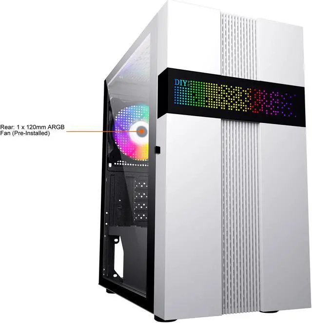 Alt view image 2 of 12 - DIYPC ARGB-Q8-W White USB 3.0 Steel / Tempered Glass Micro-ATX Mid Tower Computer Case, 1x 120mm ARGB Fan x Rear (Pre-Installed)