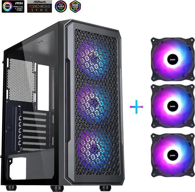 Main image of DIYPC S3-BK-ARGB Black USB3.0 Steel/ Tempered Glass ATX Mid Tower Gaming Computer Case w/ Tempered Glass Panel and 3 x ARGB LED Fans x Front (Pre-Installed)