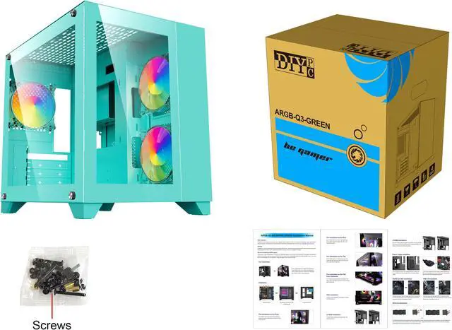 Alt view image 8 of 8 - DIYPC ARGB-Q3-Green USB3.0 Tempered Glass Micro ATX Green Gaming Computer Case w/ Dual Tempered Glass Panel and 3 x ARGB Fans (Pre-Installed)