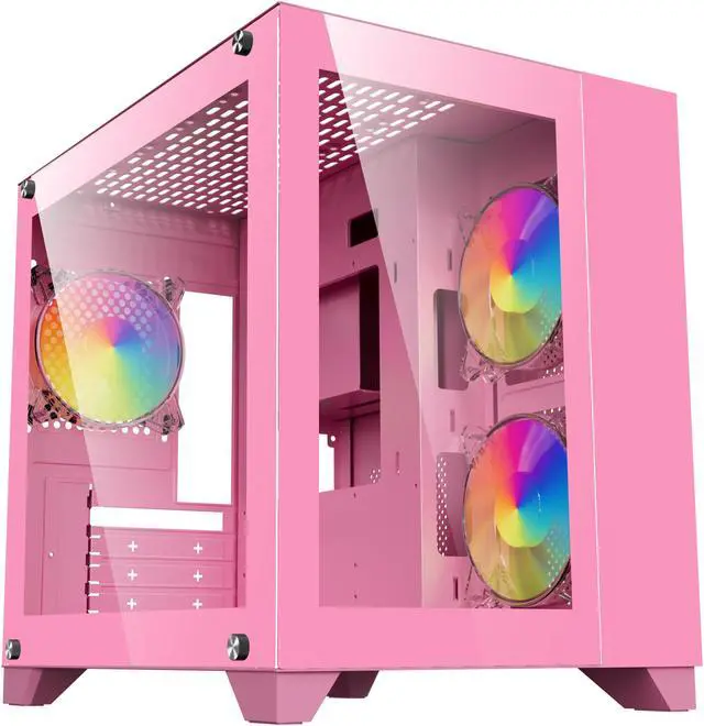 Alt view image 2 of 8 - DIYPC ARGB-Q3-Pink Pink USB3.0 Tempered Glass Micro ATX Gaming Computer Case w/ Dual Tempered Glass Panel and 3 x ARGB Fans (Pre-Installed)