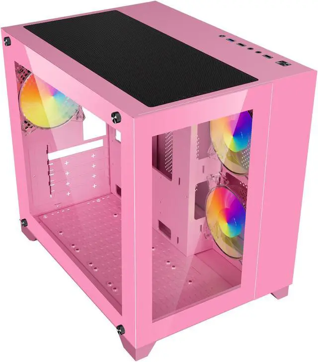 Alt view image 4 of 8 - DIYPC ARGB-Q3-Pink Pink USB3.0 Tempered Glass Micro ATX Gaming Computer Case w/ Dual Tempered Glass Panel and 3 x ARGB Fans (Pre-Installed)