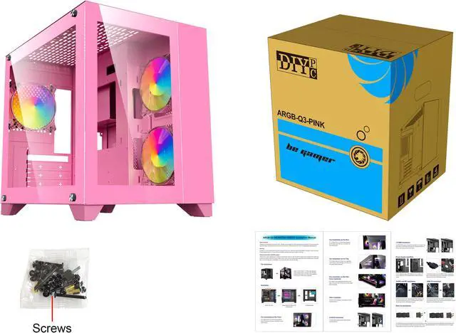 Alt view image 8 of 8 - DIYPC ARGB-Q3-Pink Pink USB3.0 Tempered Glass Micro ATX Gaming Computer Case w/ Dual Tempered Glass Panel and 3 x ARGB Fans (Pre-Installed)