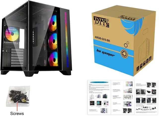 Alt view image 16 of 16 - DIYPC ARGB-Q10-BK Black USB3.0 ATX Mid Tower Gaming Computer Case w/ Frameless Dual Tempered Glass Panel and 4 x ARGB 120mm Fans (Pre-Installed), Support 360mm AIO