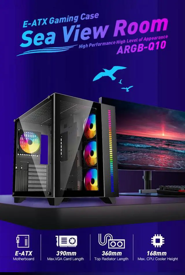 Alt view image 2 of 16 - DIYPC ARGB-Q10-BK Black USB3.0 ATX Mid Tower Gaming Computer Case w/ Frameless Dual Tempered Glass Panel and 4 x ARGB 120mm Fans (Pre-Installed), Support 360mm AIO