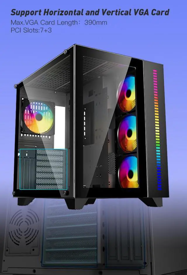 Alt view image 6 of 16 - DIYPC ARGB-Q10-BK Black USB3.0 ATX Mid Tower Gaming Computer Case w/ Frameless Dual Tempered Glass Panel and 4 x ARGB 120mm Fans (Pre-Installed), Support 360mm AIO