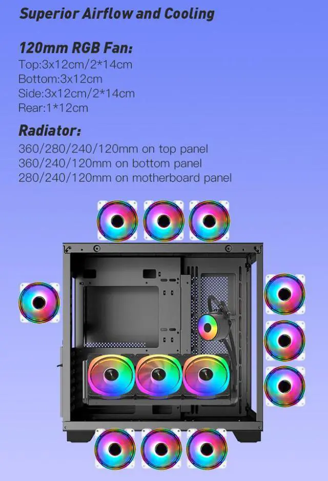 Alt view image 8 of 16 - DIYPC ARGB-Q10-BK Black USB3.0 ATX Mid Tower Gaming Computer Case w/ Frameless Dual Tempered Glass Panel and 4 x ARGB 120mm Fans (Pre-Installed), Support 360mm AIO
