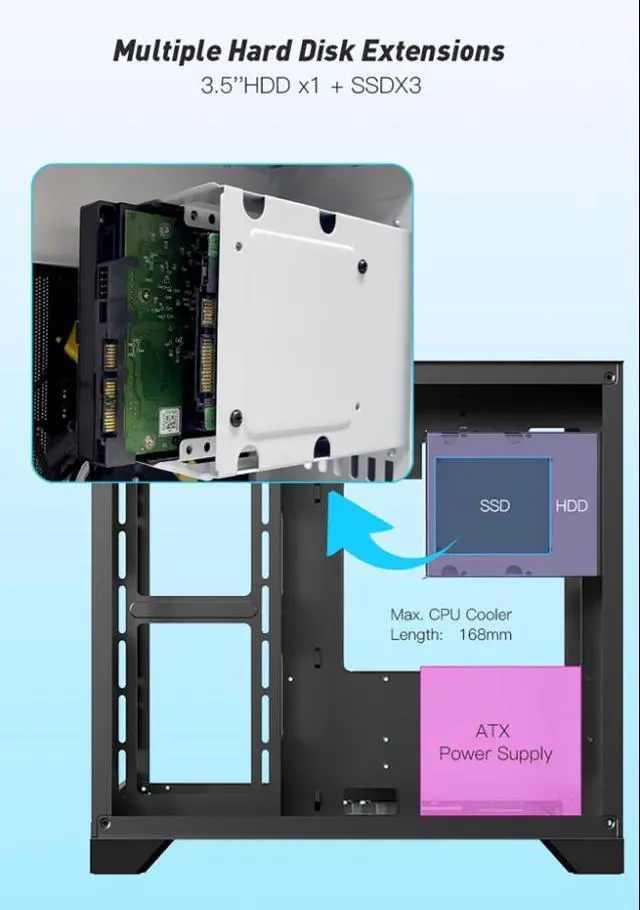 Alt view image 11 of 16 - DIYPC ARGB-Q10-BK Black USB3.0 ATX Mid Tower Gaming Computer Case w/ Frameless Dual Tempered Glass Panel and 4 x ARGB 120mm Fans (Pre-Installed), Support 360mm AIO