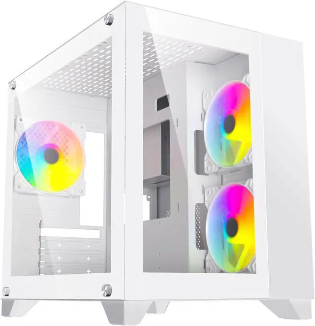 Alt view image 2 of 7 - DIYPC ARGB-Q3.v2-W White USB3.0 Tempered Glass Micro ATX Gaming Computer Case w/ Dual Tempered Glass Panel and 3 x ARGB LED Fans (Pre-Installed)