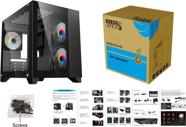 Alt view image 9 of 9 - DIYPC ARGB-Q3.v2-BK Black USB3.0 Tempered Glass Micro ATX Gaming Computer Case w/ Dual Tempered Glass Panel and 3 x ARGB Fans (Pre-Installed)