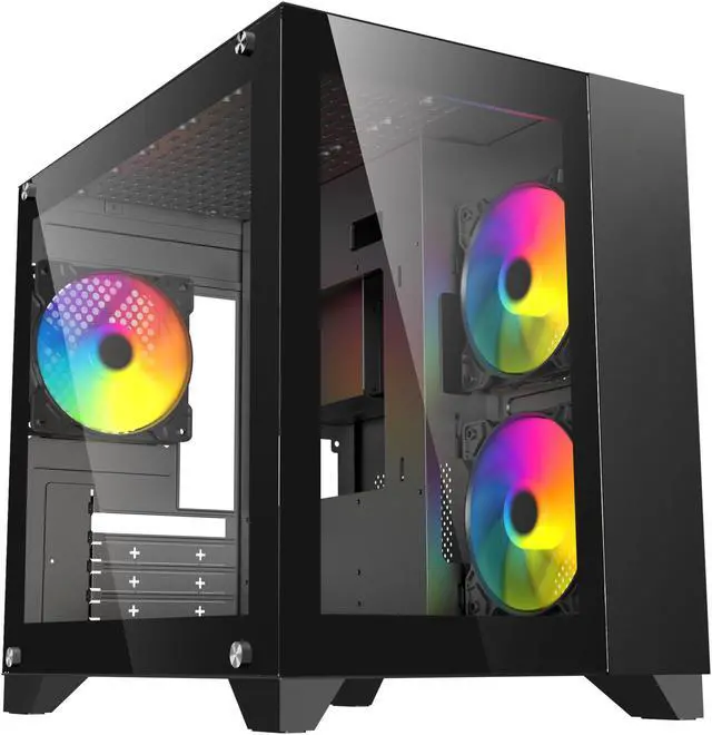 Alt view image 2 of 9 - DIYPC ARGB-Q3.v2-BK Black USB3.0 Tempered Glass Micro ATX Gaming Computer Case w/ Dual Tempered Glass Panel and 3 x ARGB Fans (Pre-Installed)