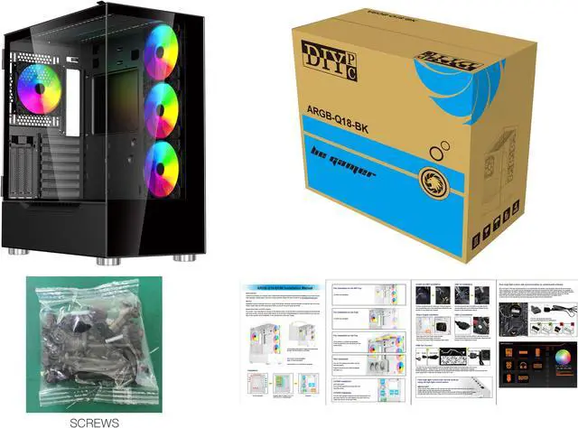 Alt view image 7 of 7 - DIYPC ARGB-Q18-BK Black USB3.0 ATX Mid Tower Gaming Computer Case w/ Dual Tempered Glass Panel and 4 x ARGB 120mm Fans (Pre-Installed)