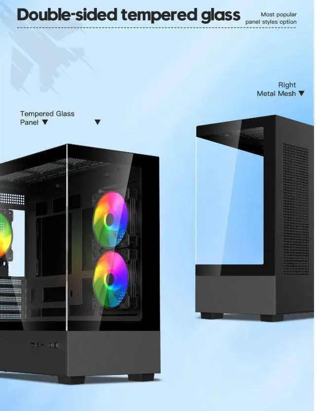 Alt view image 4 of 11 - DIYPC ARGB-N1-BK Black USB3.0 /Type C Micro ATX Gaming Computer Case w/ Frameless Dual Tempered Glass Panel and 3 x ARGB 120mm Fans (Pre-Installed). Support 4090TI GPU and 360mm AIO