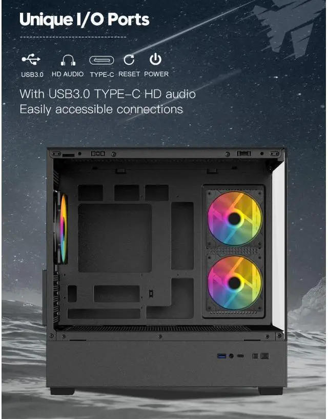 Alt view image 5 of 11 - DIYPC ARGB-N1-BK Black USB3.0 /Type C Micro ATX Gaming Computer Case w/ Frameless Dual Tempered Glass Panel and 3 x ARGB 120mm Fans (Pre-Installed). Support 4090TI GPU and 360mm AIO