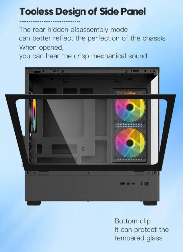 Alt view image 8 of 11 - DIYPC ARGB-N1-BK Black USB3.0 /Type C Micro ATX Gaming Computer Case w/ Frameless Dual Tempered Glass Panel and 3 x ARGB 120mm Fans (Pre-Installed). Support 4090TI GPU and 360mm AIO