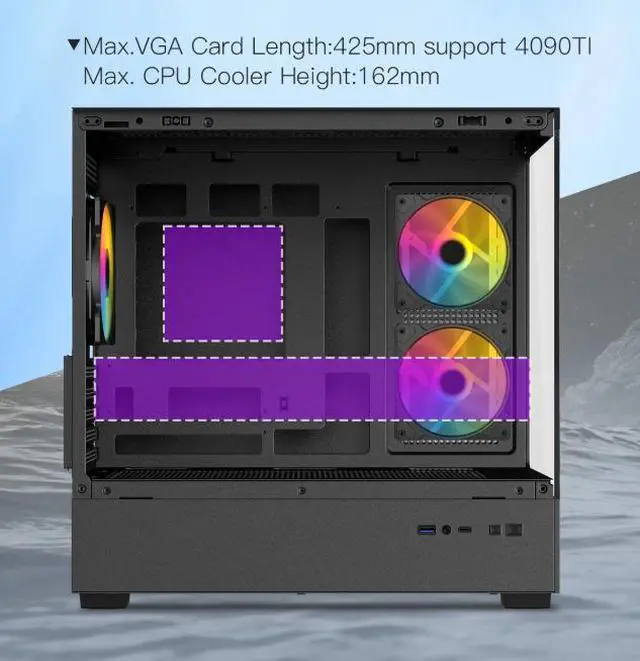 Alt view image 7 of 11 - DIYPC ARGB-N1-BK Black USB3.0 /Type C Micro ATX Gaming Computer Case w/ Frameless Dual Tempered Glass Panel and 3 x ARGB 120mm Fans (Pre-Installed). Support 4090TI GPU and 360mm AIO
