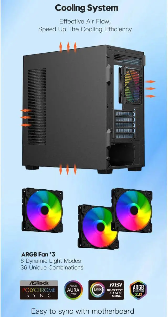 Alt view image 3 of 11 - DIYPC ARGB-N1-BK Black USB3.0 /Type C Micro ATX Gaming Computer Case w/ Frameless Dual Tempered Glass Panel and 3 x ARGB 120mm Fans (Pre-Installed). Support 4090TI GPU and 360mm AIO
