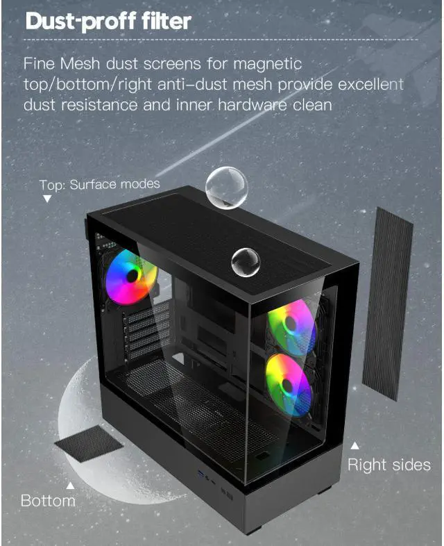 Alt view image 9 of 11 - DIYPC ARGB-N1-BK Black USB3.0 /Type C Micro ATX Gaming Computer Case w/ Frameless Dual Tempered Glass Panel and 3 x ARGB 120mm Fans (Pre-Installed). Support 4090TI GPU and 360mm AIO