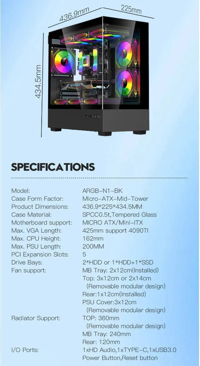 Alt view image 10 of 11 - DIYPC ARGB-N1-BK Black USB3.0 /Type C Micro ATX Gaming Computer Case w/ Frameless Dual Tempered Glass Panel and 3 x ARGB 120mm Fans (Pre-Installed). Support 4090TI GPU and 360mm AIO