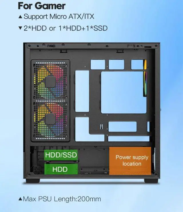 Alt view image 6 of 11 - DIYPC ARGB-N1-BK Black USB3.0 /Type C Micro ATX Gaming Computer Case w/ Frameless Dual Tempered Glass Panel and 3 x ARGB 120mm Fans (Pre-Installed). Support 4090TI GPU and 360mm AIO