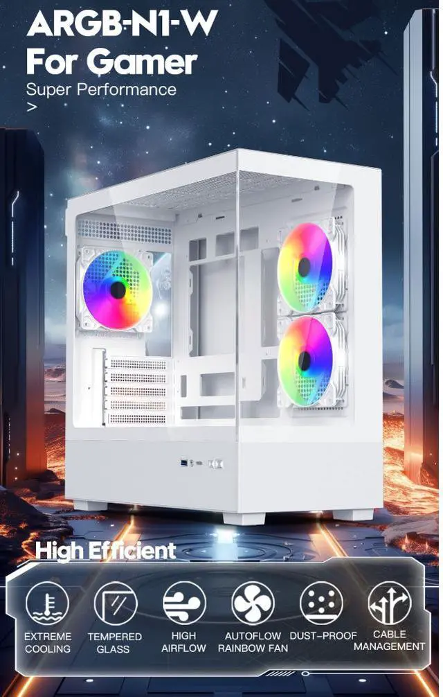 Alt view image 2 of 12 - DIYPC ARGB-N1-W White USB3.0 /Type C Micro ATX Gaming Computer Case w/ Frameless Dual Tempered Glass Panel and 3 x ARGB 120mm Fans (Pre-Installed). Support 4090TI GPU and 360mm AIO