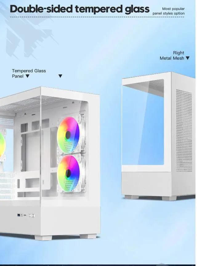 Alt view image 3 of 12 - DIYPC ARGB-N1-W White USB3.0 /Type C Micro ATX Gaming Computer Case w/ Frameless Dual Tempered Glass Panel and 3 x ARGB 120mm Fans (Pre-Installed). Support 4090TI GPU and 360mm AIO