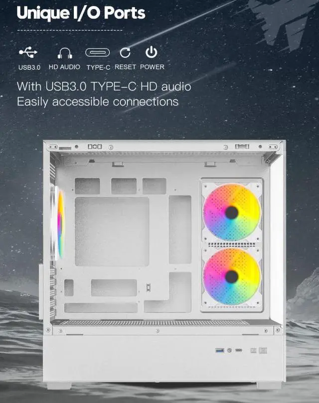 Alt view image 5 of 12 - DIYPC ARGB-N1-W White USB3.0 /Type C Micro ATX Gaming Computer Case w/ Frameless Dual Tempered Glass Panel and 3 x ARGB 120mm Fans (Pre-Installed). Support 4090TI GPU and 360mm AIO