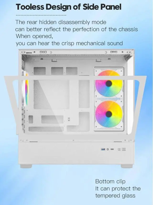 Alt view image 6 of 12 - DIYPC ARGB-N1-W White USB3.0 /Type C Micro ATX Gaming Computer Case w/ Frameless Dual Tempered Glass Panel and 3 x ARGB 120mm Fans (Pre-Installed). Support 4090TI GPU and 360mm AIO