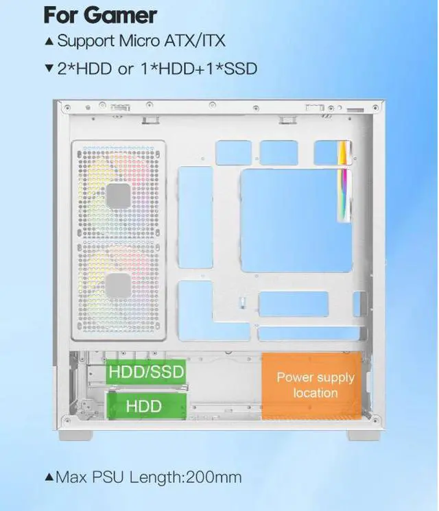Alt view image 7 of 12 - DIYPC ARGB-N1-W White USB3.0 /Type C Micro ATX Gaming Computer Case w/ Frameless Dual Tempered Glass Panel and 3 x ARGB 120mm Fans (Pre-Installed). Support 4090TI GPU and 360mm AIO