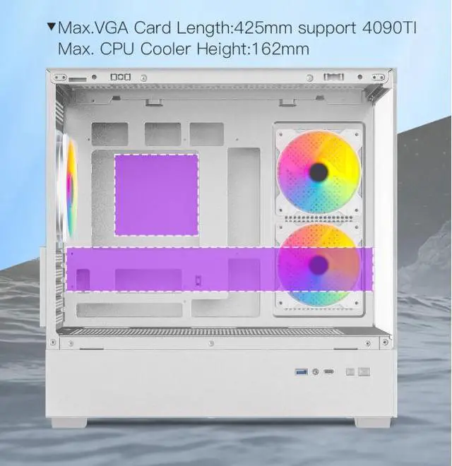 Alt view image 8 of 12 - DIYPC ARGB-N1-W White USB3.0 /Type C Micro ATX Gaming Computer Case w/ Frameless Dual Tempered Glass Panel and 3 x ARGB 120mm Fans (Pre-Installed). Support 4090TI GPU and 360mm AIO
