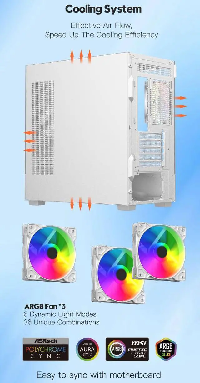 Alt view image 4 of 12 - DIYPC ARGB-N1-W White USB3.0 /Type C Micro ATX Gaming Computer Case w/ Frameless Dual Tempered Glass Panel and 3 x ARGB 120mm Fans (Pre-Installed). Support 4090TI GPU and 360mm AIO