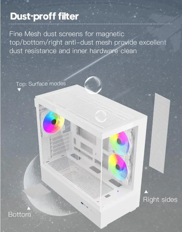Alt view image 9 of 12 - DIYPC ARGB-N1-W White USB3.0 /Type C Micro ATX Gaming Computer Case w/ Frameless Dual Tempered Glass Panel and 3 x ARGB 120mm Fans (Pre-Installed). Support 4090TI GPU and 360mm AIO