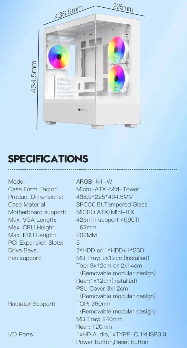 Alt view image 10 of 12 - DIYPC ARGB-N1-W White USB3.0 /Type C Micro ATX Gaming Computer Case w/ Frameless Dual Tempered Glass Panel and 3 x ARGB 120mm Fans (Pre-Installed). Support 4090TI GPU and 360mm AIO
