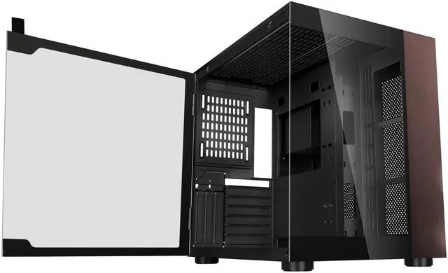 Alt view image 2 of 16 - DIYPC DIY-CUBE10-Wood Black USB3.0 /Type C ATX Mid Tower Gaming Computer Case w/ Tempered Glass Panel w/Walnut Wood  (Fan Is Not Included )