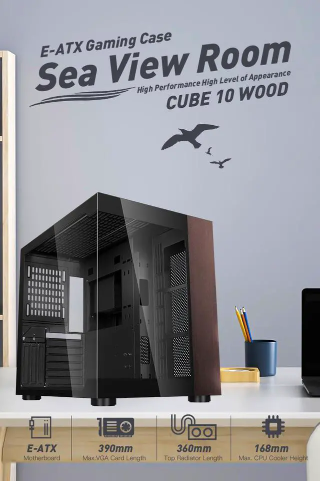 Alt view image 4 of 16 - DIYPC DIY-CUBE10-Wood Black USB3.0 /Type C ATX Mid Tower Gaming Computer Case w/ Tempered Glass Panel w/Walnut Wood  (Fan Is Not Included )