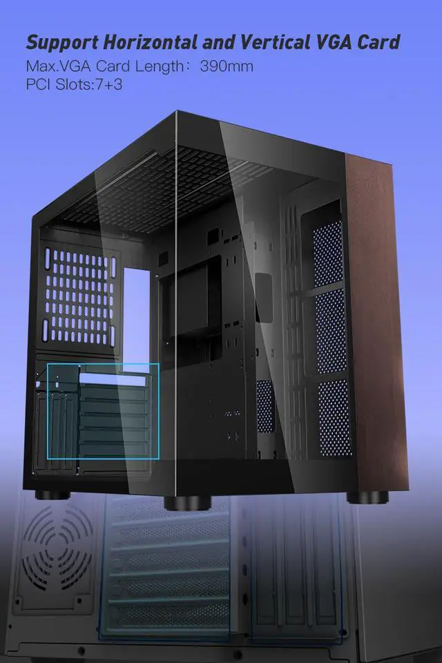 Alt view image 8 of 16 - DIYPC DIY-CUBE10-Wood Black USB3.0 /Type C ATX Mid Tower Gaming Computer Case w/ Tempered Glass Panel w/Walnut Wood  (Fan Is Not Included )