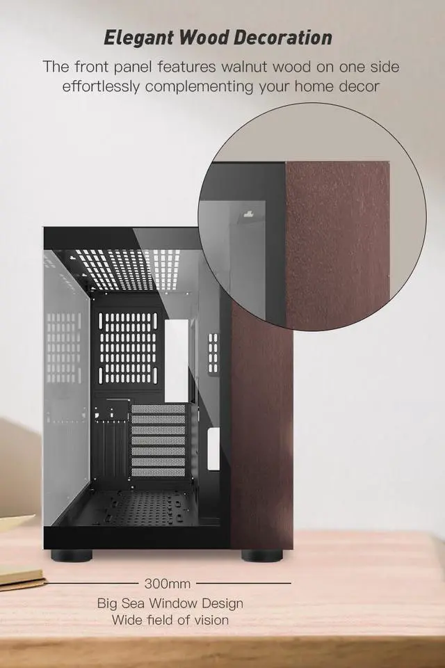 Alt view image 5 of 16 - DIYPC DIY-CUBE10-Wood Black USB3.0 /Type C ATX Mid Tower Gaming Computer Case w/ Tempered Glass Panel w/Walnut Wood  (Fan Is Not Included )