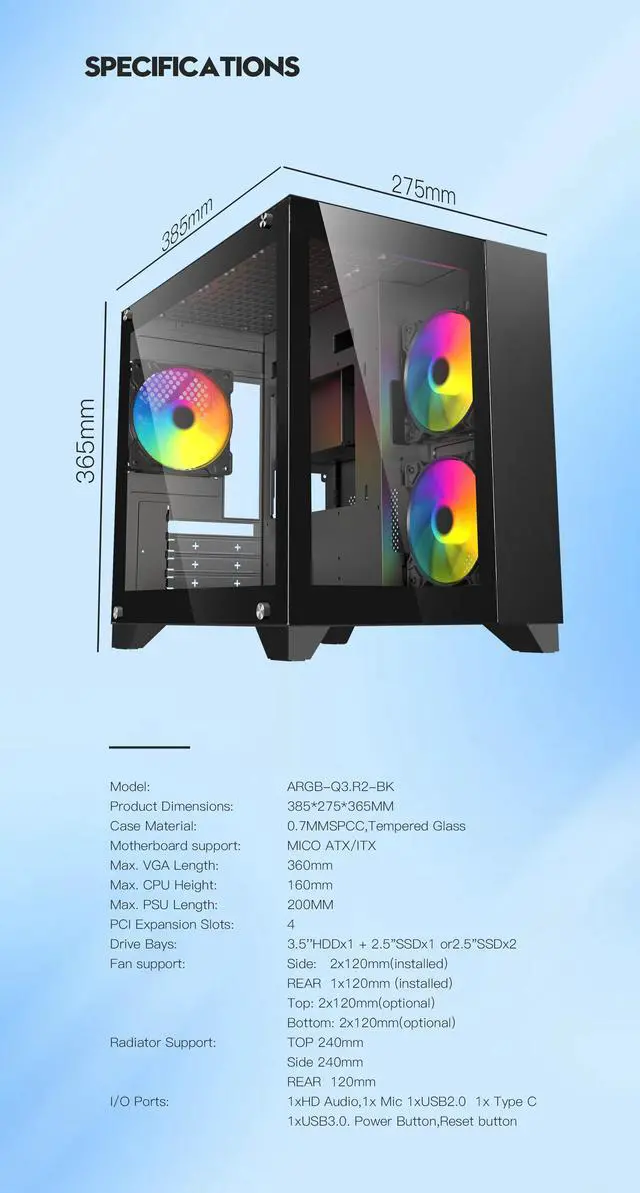 Alt view image 8 of 11 - DIYPC ARGB-Q3.R2-BK Black USB3.0 /Type C Tempered Glass Micro ATX Gaming Computer Case w/ Dual Tempered Glass Panel and 3 x ARGB Fans (Pre-Installed)