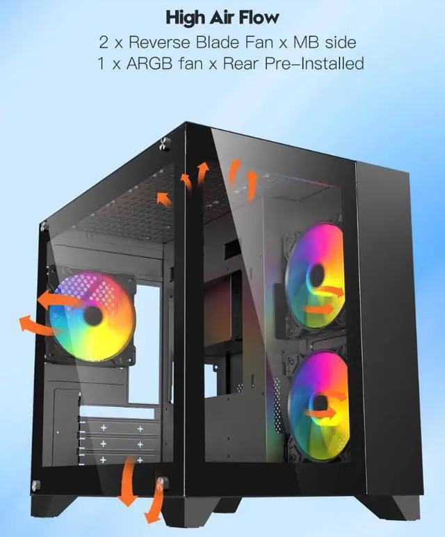 Alt view image 5 of 11 - DIYPC ARGB-Q3.R2-BK Black USB3.0 /Type C Tempered Glass Micro ATX Gaming Computer Case w/ Dual Tempered Glass Panel and 3 x ARGB Fans (Pre-Installed)