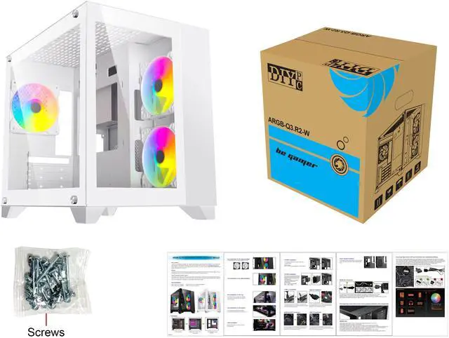Alt view image 12 of 12 - DIYPC ARGB-Q3.R2-W White USB3.0 / Type C Tempered Glass Micro ATX Gaming Computer Case w/ Dual Tempered Glass Panel and 3 x ARGB Fans (Pre-Installed)